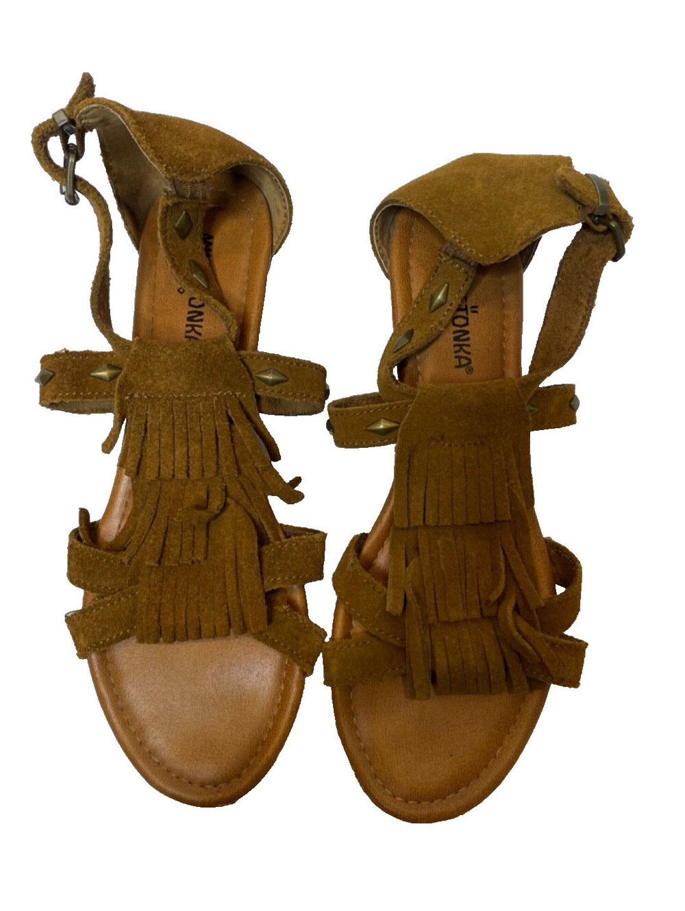 Minnetonka Merriam Suede Leather Fringe Studded Open Toe Wedge Sandals Size 9 - Picture 6 of 8